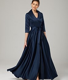 economico -Tuta  pantalone per madre della sposa elegante da festa semplice colletto camicia lunghezza caviglia in raso a maniche 3/4 con fiocco(i)