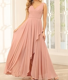 economico -Abito da damigella A-Line scollo a V senza maniche elegante asimmetrico in chiffon con volant  arricciature