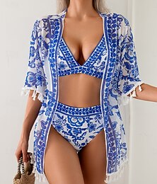 abordables -Femme Maillots de Bain Bikinis Trois pièces Slip Brésilien Maillot de bain Dos Nu Mince Vacances Tenues de plage Floral Col V manche longue Maillots de bain