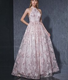 abordables -Robe de bal trapèze élégante en dentelle florale brodée, longueur au sol, sans manches, col licou, tulle rose 2025