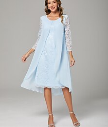 voordelige -A-lijn Bruidsmoeder Jurk Elegante Plus Size Ronde Hals Knie lengte Chiffon Kant Lange Mouw met Kant 2025