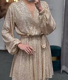 olcso -Női Mini ruha Flitteres ruha Elegáns ruha Elegáns Szüret Divat Puffos Parti Estély Koktélparty Normál Tiszta szín Hosszú ujj V-alakú Ezüst Pezsgő Tavasz Ősz Tél