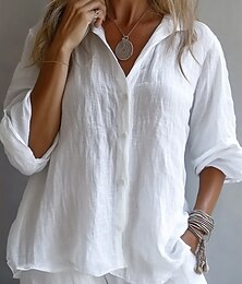 economico -Per donna Camicie di cotone e lino Abbottonare Blusa Semplice Casual Manica Lunga Manica a Vescovo Colletto a Camicia Top Regolari Quotidiano Bottoni Bianco Giallo Rosa Blu Primavera Autunno