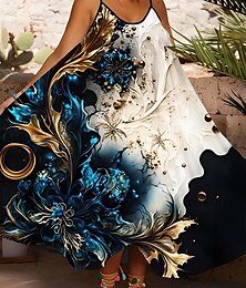 levne -Dámské Midi šaty Letní šaty Slip Dress Fit A Flare šaty Šaty na rameno prázdniny Na běžné nošení Cikánský Studené rameno Dovolená Párty Ležérní Velkoformátové Květinový Grafika Bez rukávů Ramínka