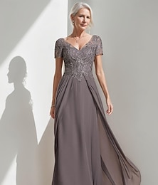 levne -A-line matka nevěsty šaty elegantní vintage jednoduchý jablkový výstřih podlahová délka šifón krátký rukáv s barokními krajkovými aplikacemi