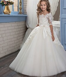 preiswerte -Blumenmädchenkleid Kinder Mädchen Spitzenkleid Formelle Kleidung Prinzessinenkleid Kleid für die Erstkommunion Leistung Hochzeit Party Elegant Schön Gitter Feste Farbe Halbe Ärmel Schulterfrei Weiß 4