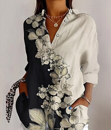 economico -Camicia da donna floreale grafica quotidiana stilosa retrò vintage manica lunga colletto camicia top regolari vacanze quotidiane uscita bottoni rossa khaki estate primavera