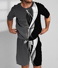 abordables -Homme Géométrique Ligne 2 pièces Ensembles de tees Hauts d'été Manche Courte Pantalon court Col ras du cou Sport Occasionnel Extérieur Vacances Sport Impression 3D Été Bleu œuf de mer Blanche Argile