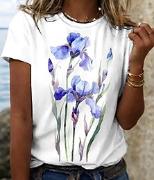 baratos -Mulheres Camiseta Floral Casual Manga Curta Pescoço Entalhado Tops regulares Diário Imprimir Branco Verão Primavera