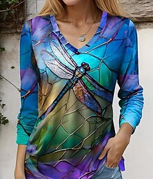 abordables -Mujer Camiseta Animal Arco iris Gradiente de Color Elegante Vintage Manga Larga Cuello Barco Tops regulares Diario Estampado Azul Piscina Verano Primavera Otoño