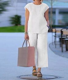 economico -Per donna Moda Streetwear Set di biancheria in cotone Set da due pezzi Maglietta Pantaloni a Gamba Larga Pantaloni di Lino Pantaloni Manica Corta Girocollo Tinta unica Abbigliamento quotidiano Data