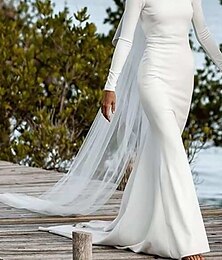 preiswerte -Hochzeitskleider Ballkleid U-Ausschnitt Langarm Kirchen Schleppe Satin Brautkleider Mit Plissee Gerafft 2025