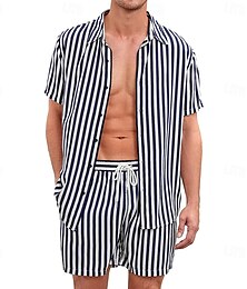 abordables -Hombre A Rayas 2 piezas Conjuntos de camisas Tops de verano Manga Corta Pantalones cortos Cuello Vuelto Vacaciones Casual Exterior Hogar Casual Impresión 3D Verano Negro