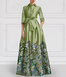 preiswerte -grünes, floral besticktes A-Linien-Abendkleid aus Satin, elegantes Kleid für formelle Hochzeit, bodenlang, halbe Ärmel, Hemdkragen 2025