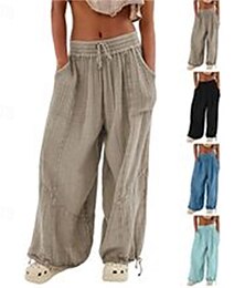 economico -Pantaloni da donna in cotone e lino, alla moda, stile streetwear, comodi, lunghi, vita alta, semplici, con coulisse, elastico in vita, coulisse sulle gambe, comodi, per l'outdoor, comodi, da indossare ogni giorno.