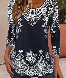 economico -Per donna Maglietta Floreale Grafico Casual Manica Lunga Girocollo Top Regolari Quotidiano Stampato Bianco / Nero Nero Blu Arancione Marrone Primavera Autunno