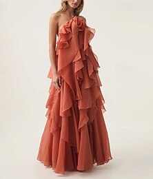 abordables -Vestido de Gala en A Elegante Vestido Formal Fiesta de Noche Longitud de Suelo Sin Mangas Cuello Halter Organza con Flores y Volantes