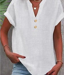 economico -Per donna Camicia Blusa Camicie di cotone e lino Tinta unica Essenziale Casual Manica Corta Scollo a V Top Regolari Lavoro Quotidiano Bottoni Bianco Estate