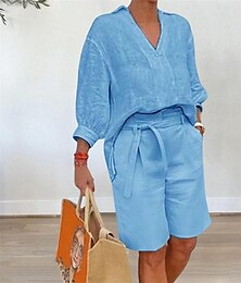 economico -Per donna Moda Streetwear Camicia Set di biancheria in cotone Set da due pezzi Shorts da Spiaggia Mezza Manica Scollo a V Tinta unica Coulisse Abbigliamento quotidiano Data Rosa scuro Blu Cachi Estate