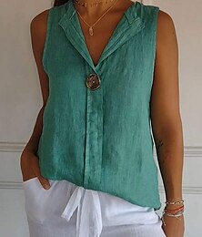 economico -Per donna Camicia Abbottonare Camicia in cotone e lino Blusa Tinta unica Elegante Quotidiano Casual Senza Maniche Scollo a V Top Regolari Quotidiano Ferie Uscire Patchwork Bianco Blu marino Verde