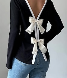 economico -Per donna Blusa Tinta unica Moda Informale Manica lunga Girocollo Top regolari Giornaliero Per eventi Per uscire Schiena scoperta Nero Primavera Autunno Inverno