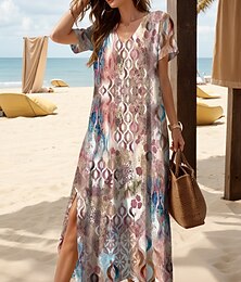 abordables -Femmes Robe maxi Robe Décontractée Robe trapèze Bohème Vacances ancien Vacances Quotidien Coupe régulière Teinture par nouage Vintage Bohème Manche Courte Col en V Arc-en-ciel Été Printemps