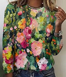 economico -Per donna Maglietta Floreale Elegante Vintage Moda Manica Lunga Girocollo Top Regolari Quotidiano Uscire Weekend Stampato Verde militare Estate Primavera
