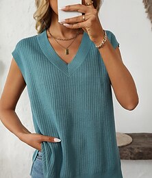 abordables -Femme Pull en maille torsadée Pullover Le style mignon Vêtement de rue du quotidien Couleur unie A côtes Col V Tricoté Manche raglan Sans Manches Hauts réguliers Tricoter Intérieur Soirée du quotidien