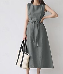 abordables -Femmes Robe Midi Robes inspirées du lin Robe Décontractée Robe en coton et lin Élégant Occasionnel Vacances Quotidien Date Coupe régulière Uni Sans manches Col ras du cou Orange Beige Gris Été