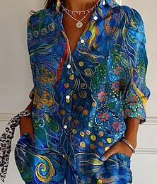abordables -Mujer Camisa Floral Casual Manga Larga Cuello Camisero Tops regulares Trabajo Diario Botones Estampado Blanco Amarillo Rosa Rojo Azul Piscina Primavera Otoño Invierno