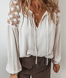 baratos -Mulheres Blusa Côr Sólida à moda Casual Manga Longa Decote V Tops regulares Trabalho Diário Feriado Renda Patchwork Branco Primavera Outono Inverno