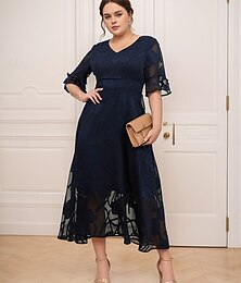 economico -Abito da cocktail per invitata a matrimoni in pizzo a balze elegante abito maxi taglie comode da donna per feste formali con scollo a V maniche a metà lunghezza maniche a farfalla blu scuro