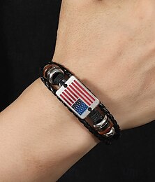 economico -Bracciale da uomo in pelle con bandiera americana: elegante cinturino intrecciato con accenti in metallo e legno per occasioni casual e patriottiche