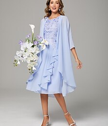 abordables -Deux Pièces Trapèze Robe de Mère de Mariée  robe demoiselle d honneur Elégant Encolure dégagée Mi-long Mousseline de soie Dentelle Sans Manches Veste Robes avec Plissé Appliques 2025