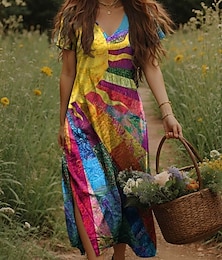 economico -Per donna Abito maxi Abito Vintage Vestito Casual Abito a trapezio Bohemien Vacanza Vintage Vacanza Quotidiano Vestibilità regolare Ombre Floreale Blocco di colori Manica Corta Scollo a V Arcobaleno