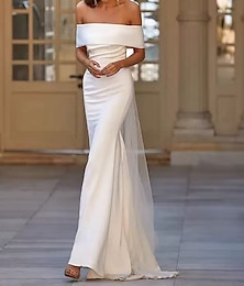economico -Vestiti da Sposa Boho in Little White Dresses Stile Sirena  Tromba Off Shoulder Maniche Corte Strascico  Spazzola Tulle Completi da Sposa Abiti da Sposa Con Sash  Nastro Drappeggiato