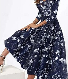 abordables -Femme Robe mi-longue Robe casual Robe Trapèze Décontractées du quotidien Standard Floral Manches 3/4 Col V bleu marine Eté Printemps Automne