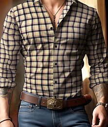economico -Per uomo Camicia Camicia estiva Maglietta informale Camicia con bottoni Cachi chiaro Nero Kaki Grigio Manica lunga A quadri Bavero Da mare Hawaiano Bottoni Abbigliamento Poliestere Di tendenza