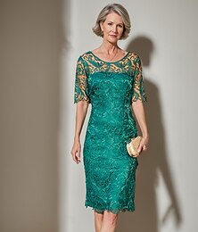abordables -Robe fourreau  colonne robe de mère de la mariée élégante vintage simple décolleté bijou longueur thé crêpe dentelle demi-manches avec couleur unie robe de jour de course