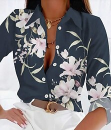 economico -Per donna Camicia Floreale Casual Manica Lunga Colletto a Camicia Top Regolari Lavoro Quotidiano Bottoni Stampato Blu marino Primavera Autunno Inverno