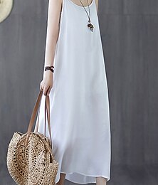 abordables -Femmes Robe Longue Maxi Robe Robes en coton et lin Robe Décontractée Robe Nuisette Basique Occasionnel Vacances Occasionnel Quotidien Coupe régulière Uni Sans manches Bretelle Noir Blanche Rose