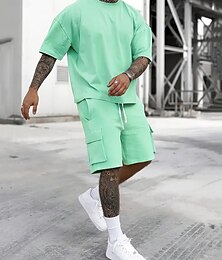 voordelige -Voor heren Trainingsset Trainingspak T-shirt en korte broek Set Kledingset Strakke ronde hals Buiten Dagelijks Sport Zak Trekkoord 2-stuks Effen Zwart Rood Groen Polyester Sportkleding Klassiek Casual