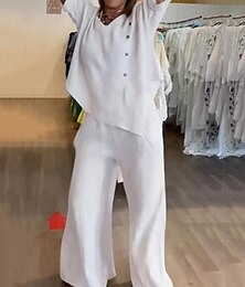 abordables -Femmes Mode Streetwear Chemise Ensembles en coton et lin Ensembles deux pièces Pantalons en Lin Pantalons manche longue Col en V Couleur Unie Fête Tenue quotidienne Noir Blanche bleu marine Été Coupe
