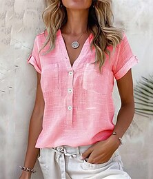 economico -Per donna Camicia Camicie ispirate al lino Abbottonare Semplice Quotidiano Elegante Essenziale Manica Corta Scollo a V Top Regolari Lavoro Quotidiano Ferie Bottoni Nero Rosa Cachi Primavera Autunno