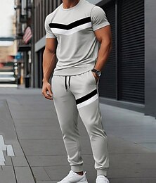 voordelige -Voor heren Trainingsset Trainingspak T-shirt en broek Set Kledingset Strakke ronde hals Buiten Dagelijks Sport Zak Trekkoord 2-stuks Kleurenblok Zwart Licht Grijs Polyester Sportkleding Klassiek