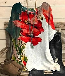 economico -Camicia da donna Floreale Casual Manica a metà Collo tondo Top regolari Lavoro Quotidiano Simile a lino Stampa Rossa Primavera Autunno Inverno