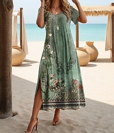 ieftine -Rochie Maxi Femei Rochie T Shirt Rochie Tee Rochie de Plajă Rochie Shift Rochie de Vară Bohemia Vacanță Petrecere Vacanță Ajustare Regulată Vintage Bohemian Mâneci Scurte Gât Rotund Verde Salvie Vară