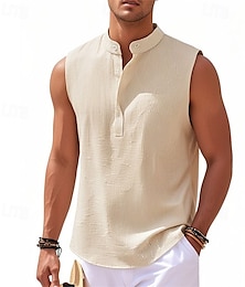 baratos -Homens Camiseta Botão Camiseta Camisa Henley Camisetas Sem Manga Henley Verão Tecido Moda Designer Básico Botões Férias Rua Para Noite Azul Céu Preto Branco Top Tee para Homens