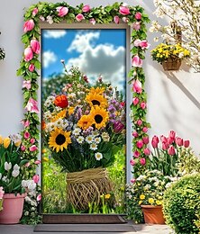 abordables -Décorations de portes en forme de paysage couvercles de porte bouquet de fleurs tapisserie de porte décoration de rideau panneau arrière pour porte d'entrée ferme