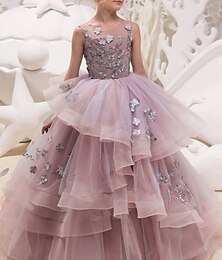 economico -Abito da Flower Girl Ball Gown Corto  Mini Abito per Matrimonio per Ragazze Abito Elegante per il Ballo Tulle con Ricamo Beach Fit 3-16 Anni
